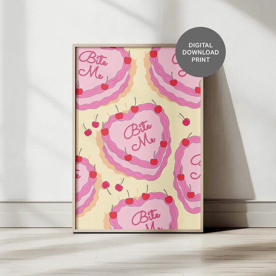 Bite Me Pink Heart Cakes and Cherries Sweet Girly Fun Poster