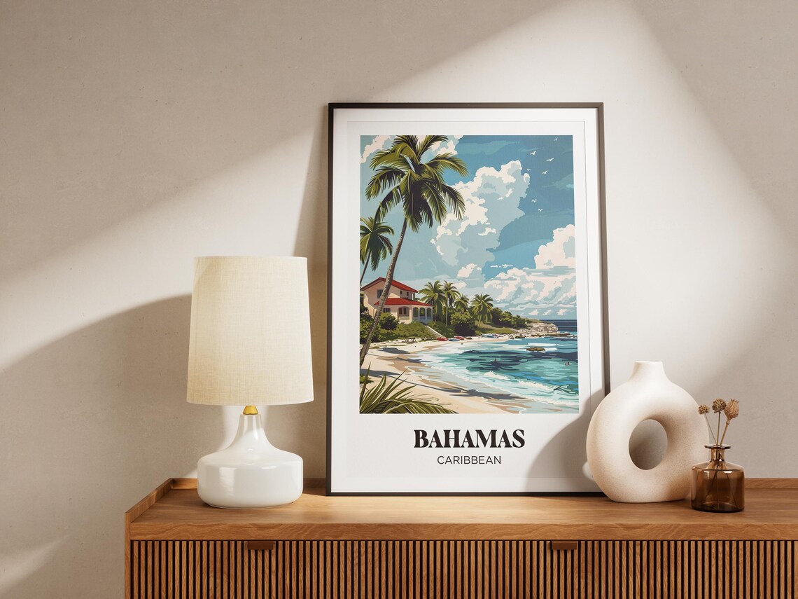 Bahamas Caribbean Beach House Palm Waves Kayaks Retro Travel Poster - Image 4