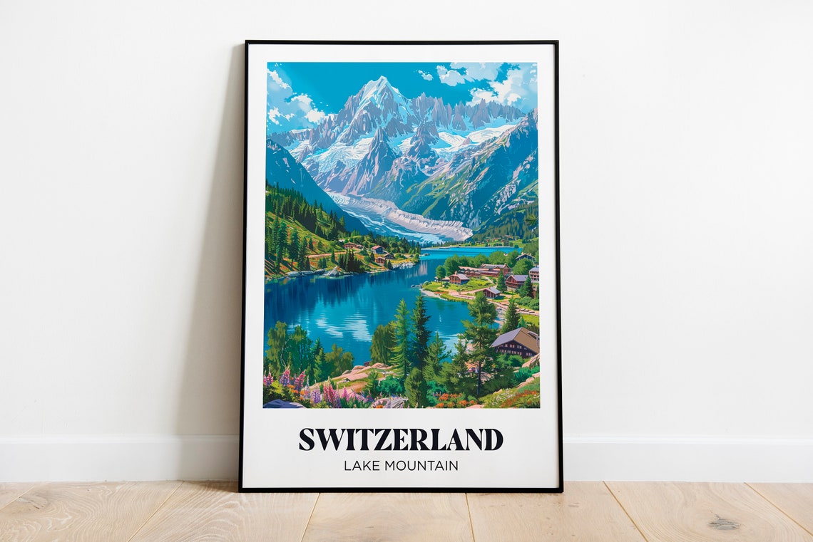 Switzerland Travel Poster Lake Switzerland Travel Poster Switzerland Travel Illustration Vintage Retro Travel Poster Travel Gift Switzerland Frame