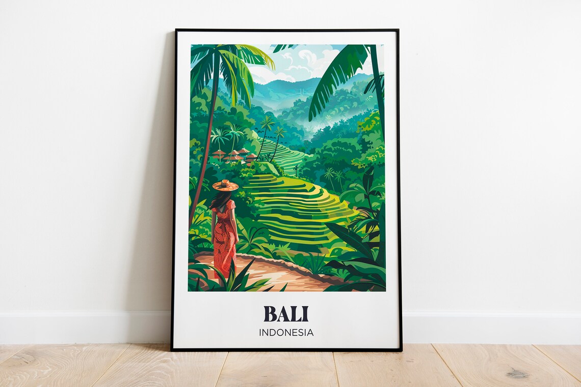 Bali Flowers and Palm Trees Watercolor Travel Poster