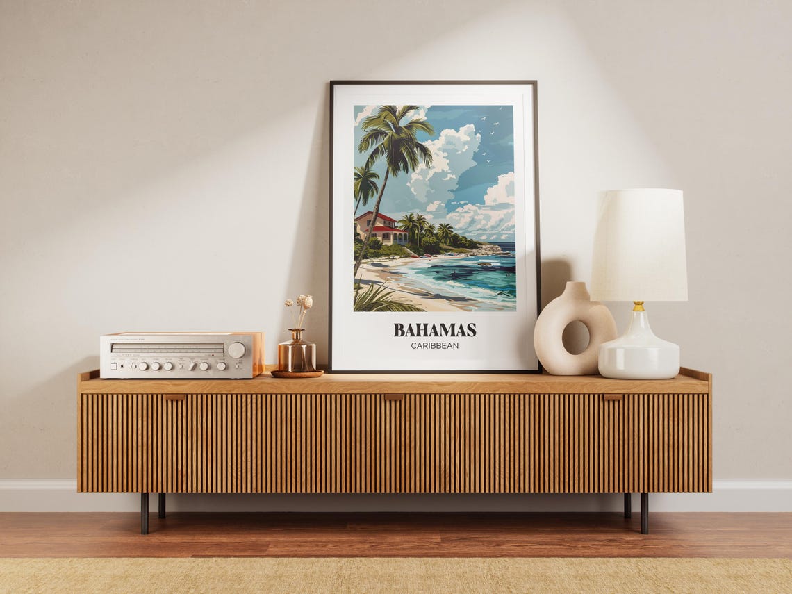 Bahamas Caribbean Beach House Palm Waves Kayaks Retro Travel Poster - Image 3