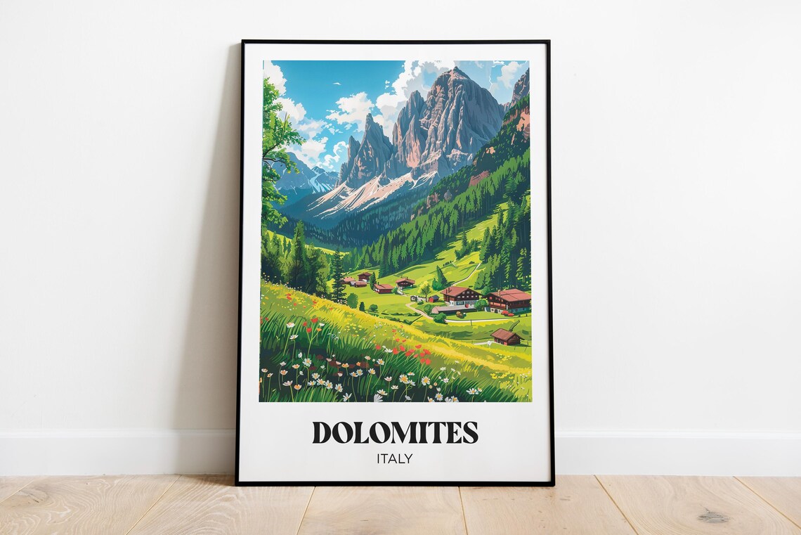 Dolomites Travel Poster, Watercolor Mountain Landscape