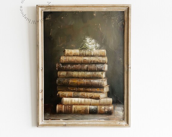 Old Leather Bound Book Stack Print Antique Books Still Life Wall Art Moody Decor Dark Academia Wall Art