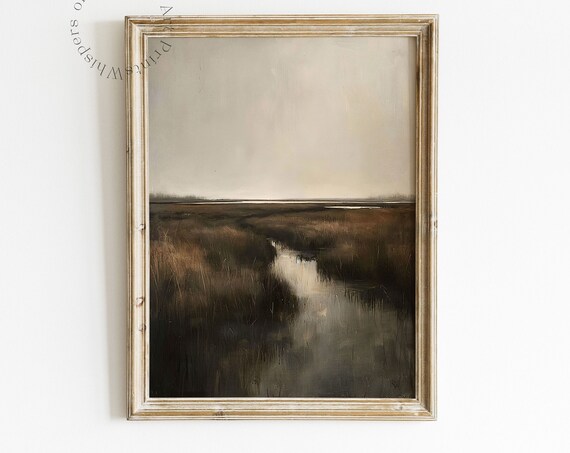 Marsh Landscape Painting, Moody Dark Academia Art Print