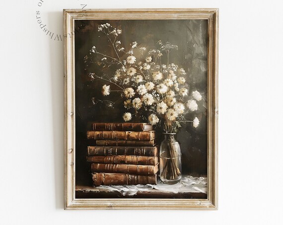Antique Books and Wildflowers Moody Still Life Painting Poster