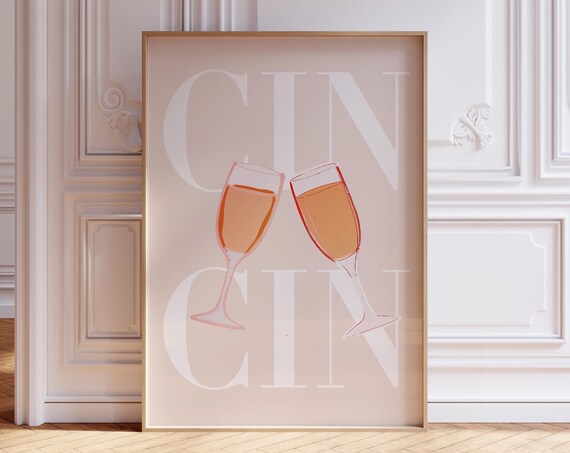 Cin Cin Champagne Glasses Toast Minimalist Pink Bar Cart Poster