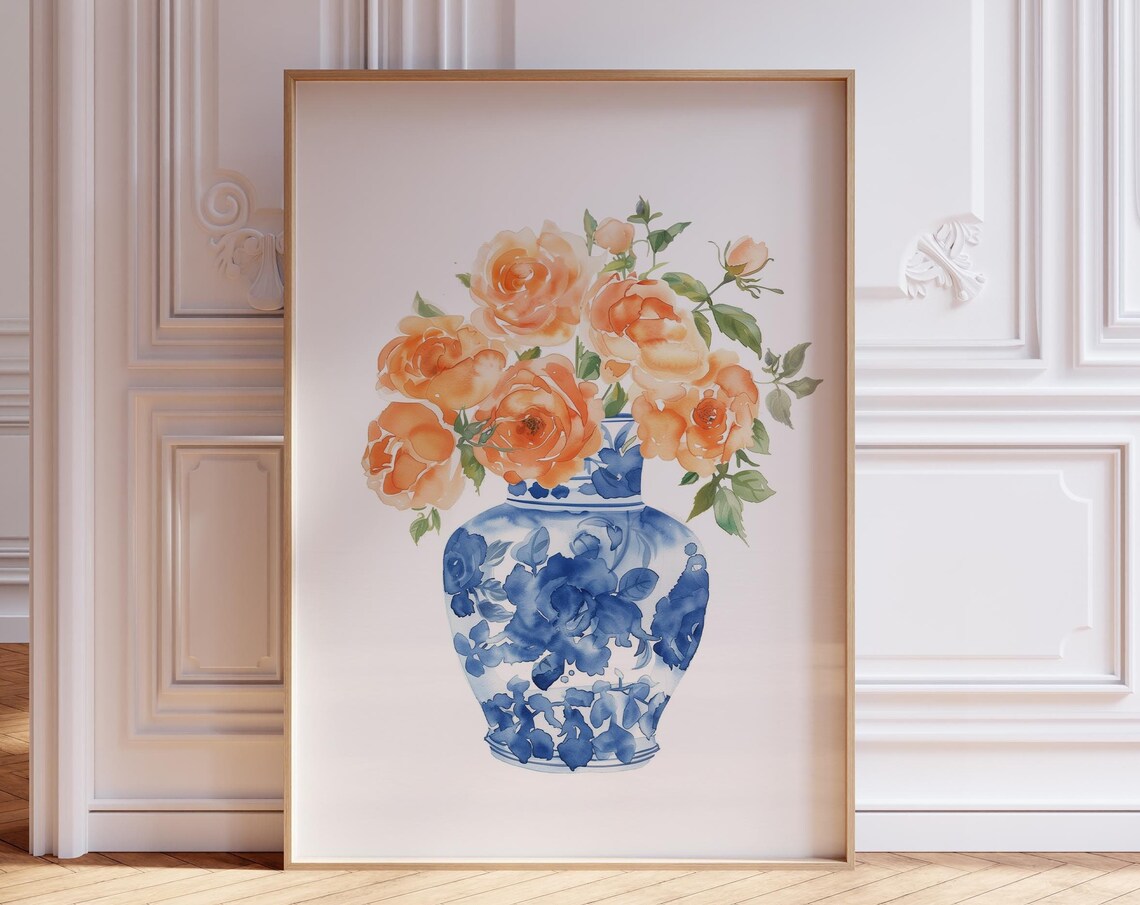 Orange Roses in Blue Chinoiserie Vase Vintage Floral Art Poster