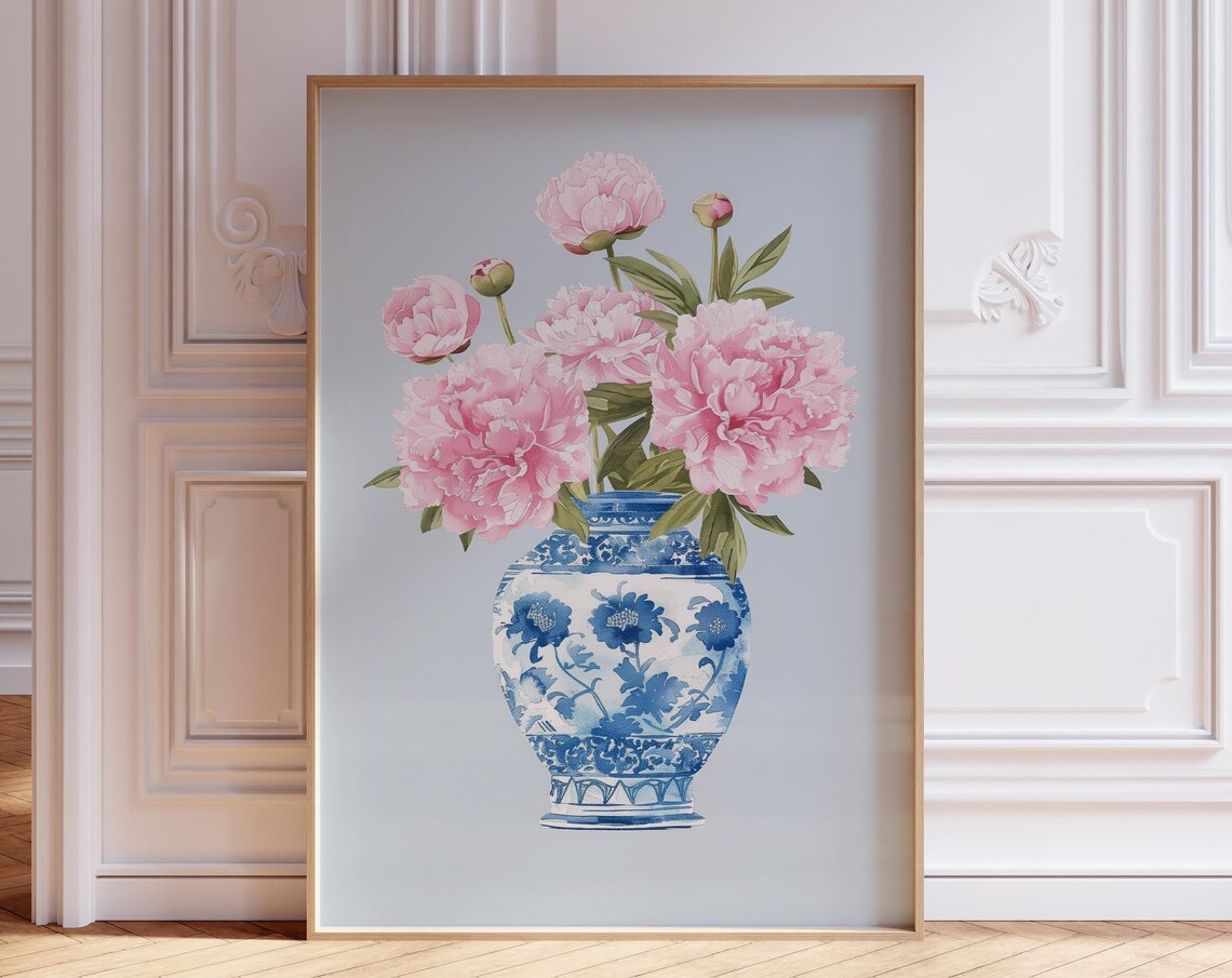 Pink Peonies Blue White Chinoiserie Vase Watercolor Floral Poster