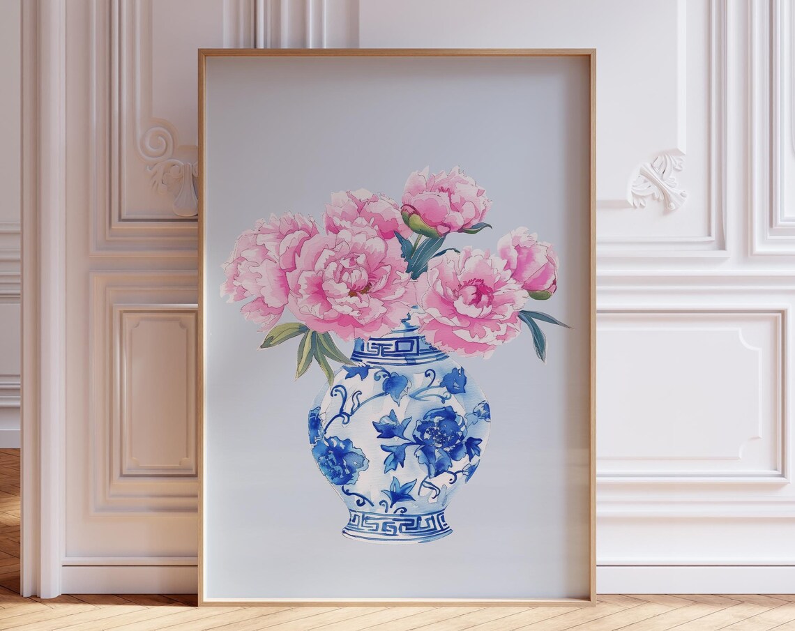 Pink Peonies in Blue Chinoiserie Vase Vintage Floral Wall Art