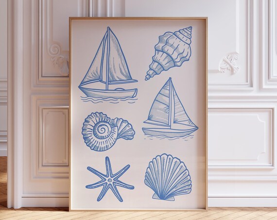 Blue Seashell Sailboat Line Drawings Coastal Beach Decor Art Print