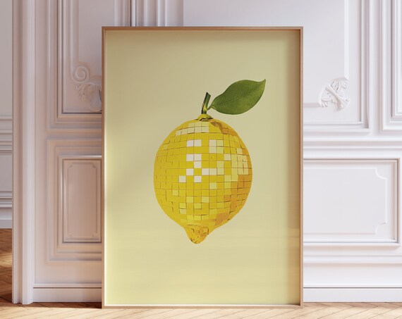 Lemon Disco Ball Print Yellow Kitchen Fruit Poster Citrus Cute Dorm