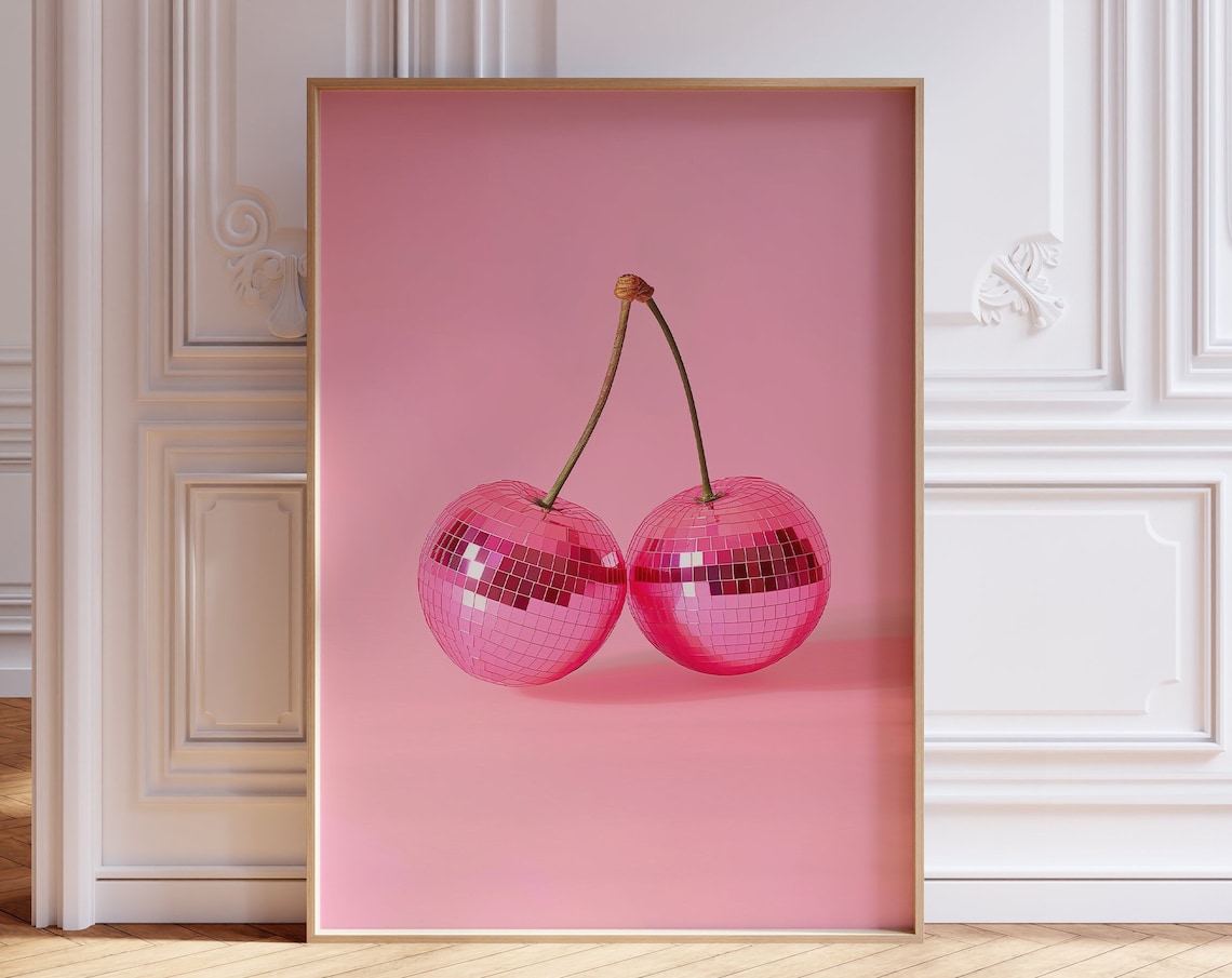 Pink Disco Ball Cherries Retro Pop Art Funky Maximalist Wall Poster