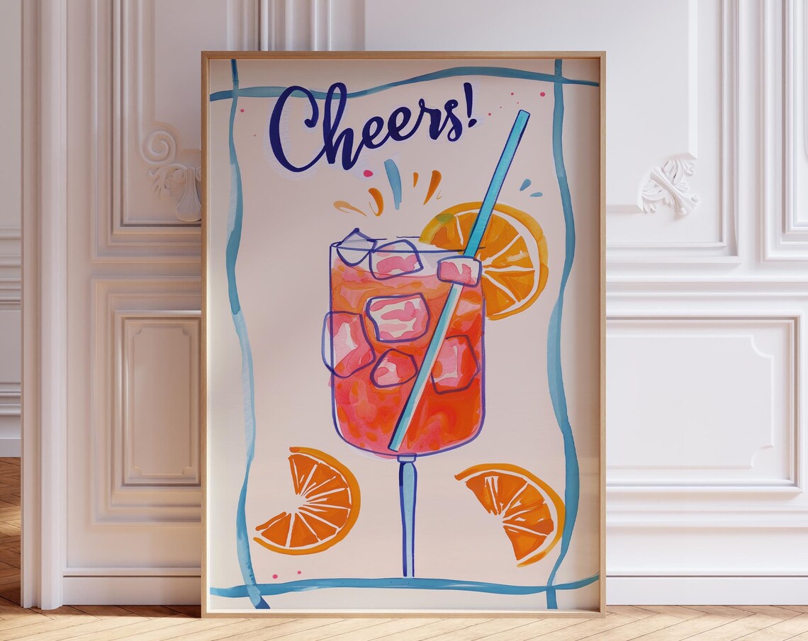 Cheers Aperol Spritz Cocktail Watercolor Happy Hour Bar Poster