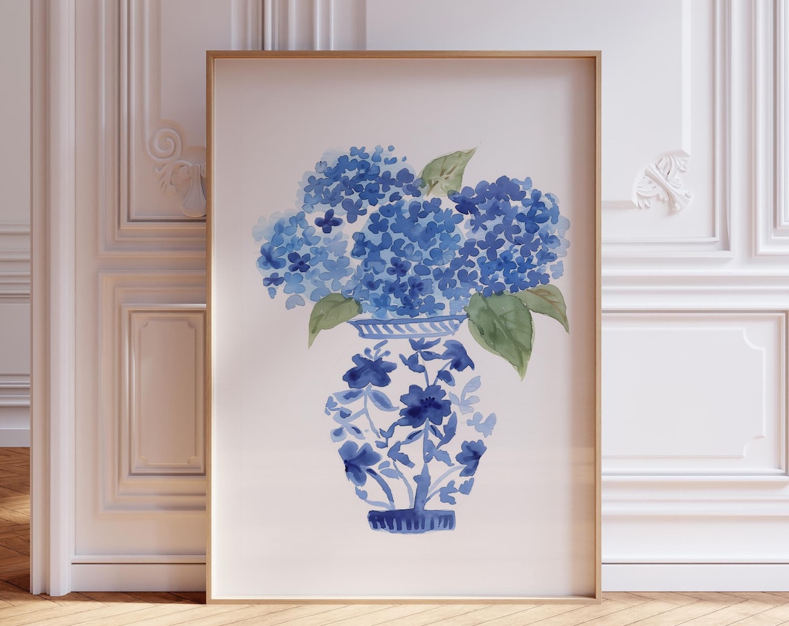 Blue Hydrangea Watercolor in a Floral Chinoiserie Vase Art Print