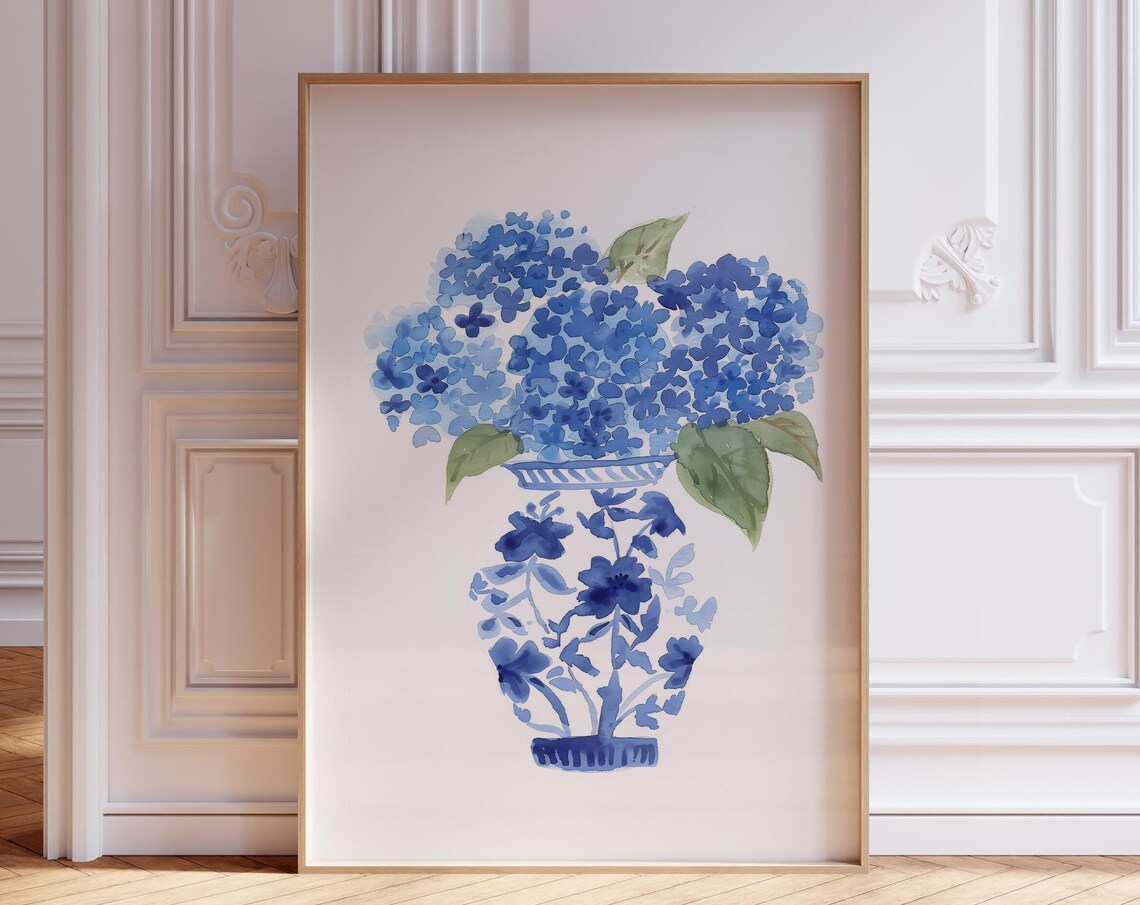 Blue Hydrangeas in Chinoiserie Vase Floral Watercolor Poster