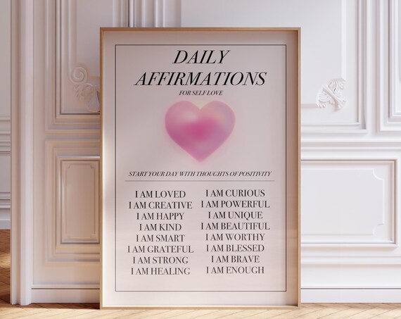 Daily Affirmations For Self Love Pink Heart Typography Poster