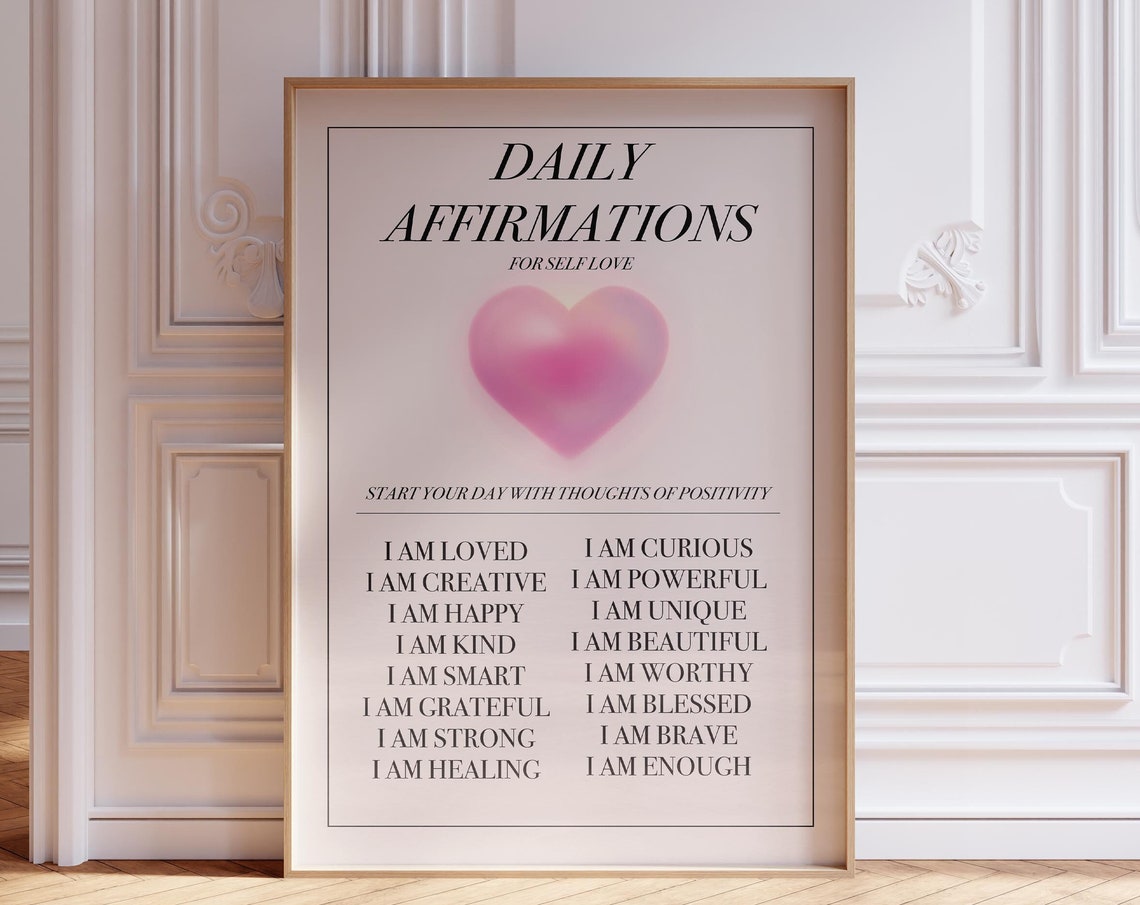 Daily Affirmations For Self Love Pink Heart Typography Poster