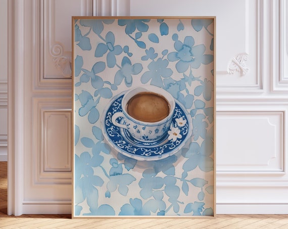 Blue Coffee Print With Grandma Floral Teacup Wall Art Watercolor