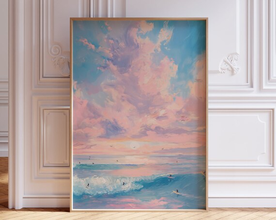 Pastel Pink Sunset Beach Surfers Ocean Waves Painting Art Print