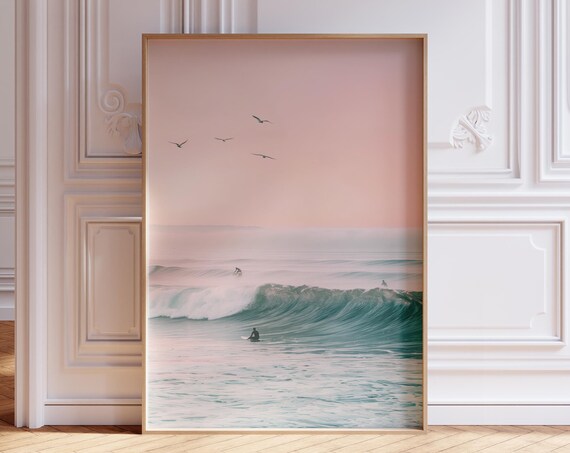 Pink Sunset Surf Wave Ocean Photography With Seagulls Coastal Poster