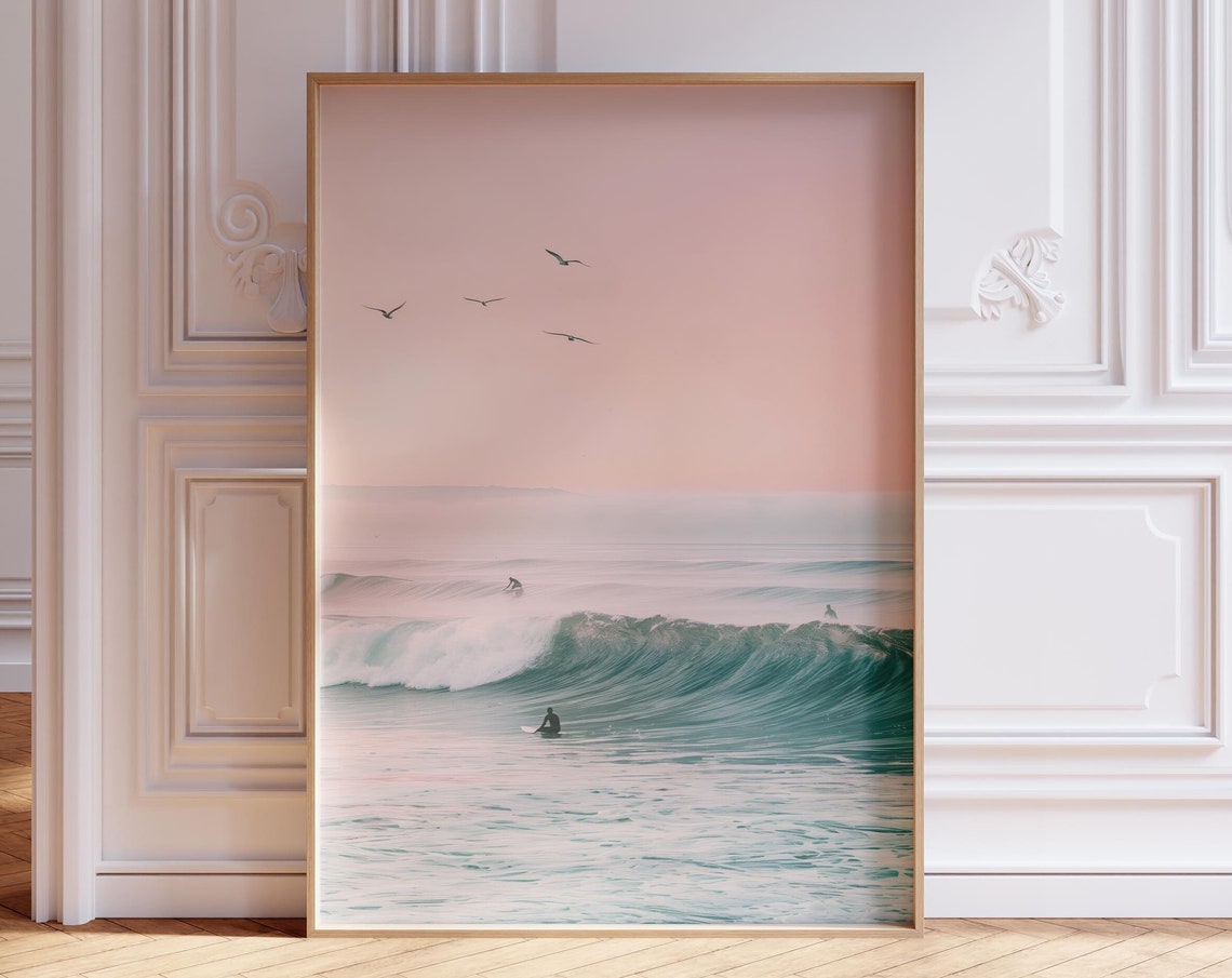 Pink Sunset Surf Wave Ocean Photography With Seagulls Coastal Poster