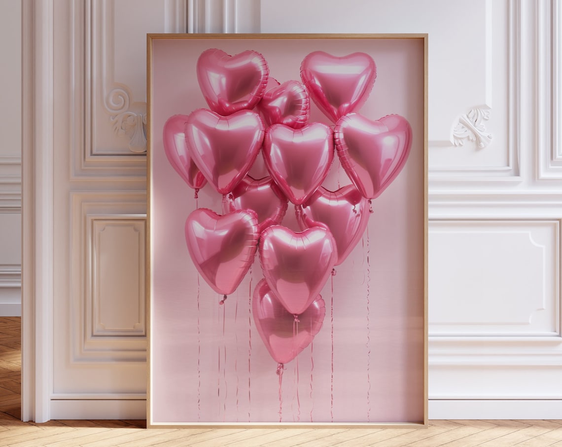 Pink Heart Foil Balloons Cluster Photography Print Romantic Love Decor