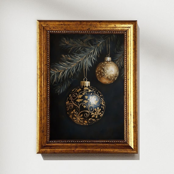 Vintage Gold Christmas Ornaments Pastel Painting Dark Rustic Winter Holiday Decor Moody Christmas Decor Wall Art