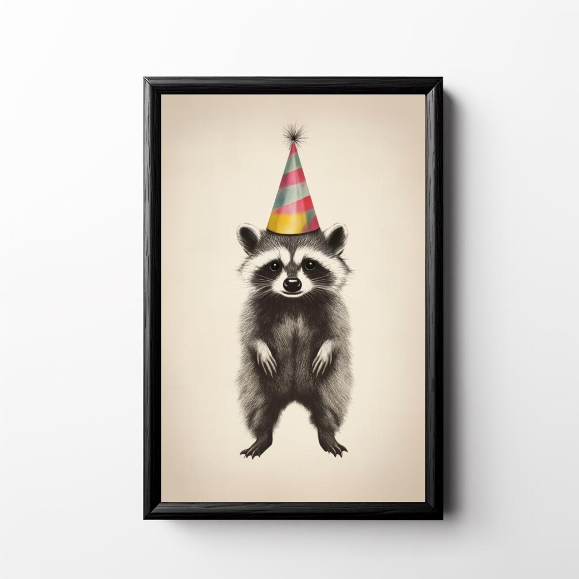 Funny Raccoon Wearing Colorful Party Hat Cute Birthday Poster