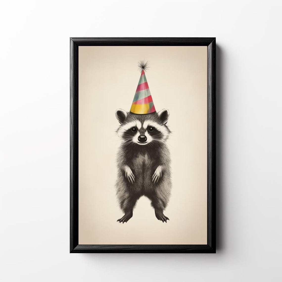 Party Raccoon Print Funny Animal Wall Art Quirky Raccoon Poster Dorm Decor Birthday Print Party Hat Retro Raccoon New Years Eve
