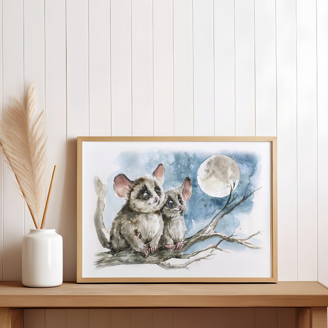 Baby Bush Babies Watching Moon Watercolour Nursery Art Poster