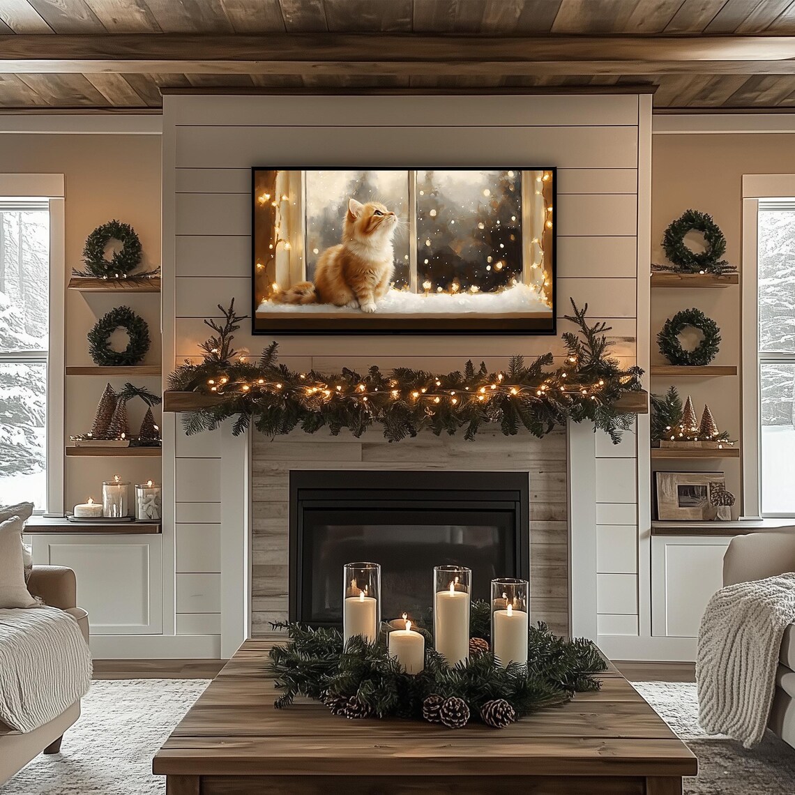 Kittens Curious Gaze Orange Tabby Snowy Windowsill Fairy Lights Frame TV Poster