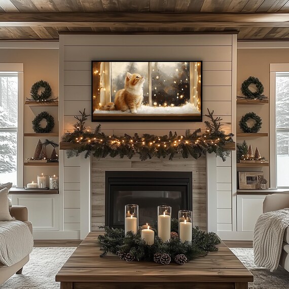 Kittens Curious Gaze Orange Tabby Snowy Windowsill Fairy Lights Frame TV Poster