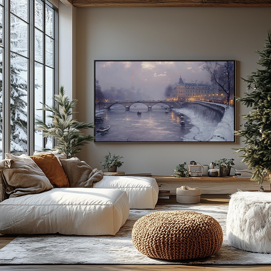 Serene Winter Paris Seine River Eiffel Tower Snowy Banks Frame TV Poster - Image 3