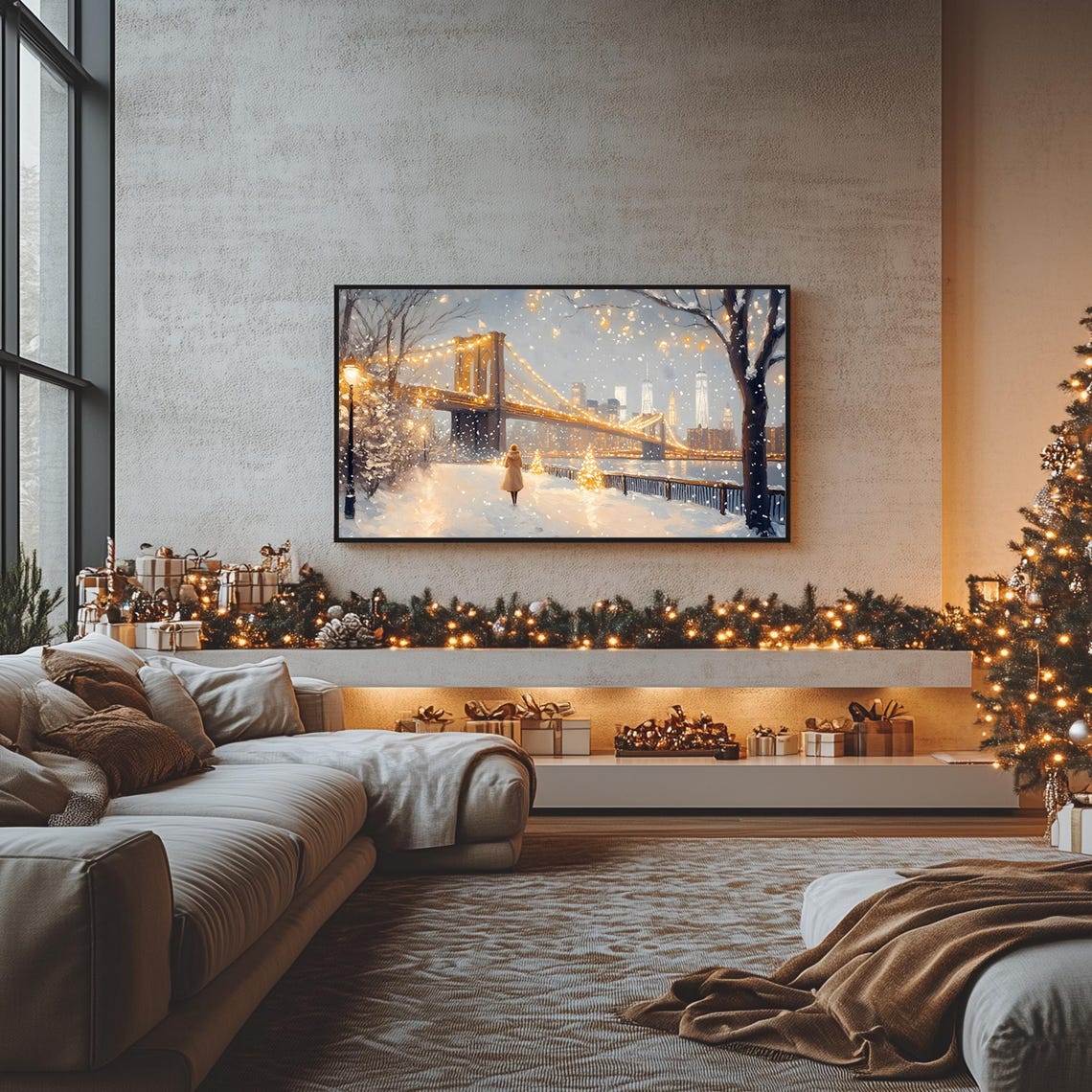 Snowy New York City Brooklyn Bridge at Night Frame TV Poster - Image 2