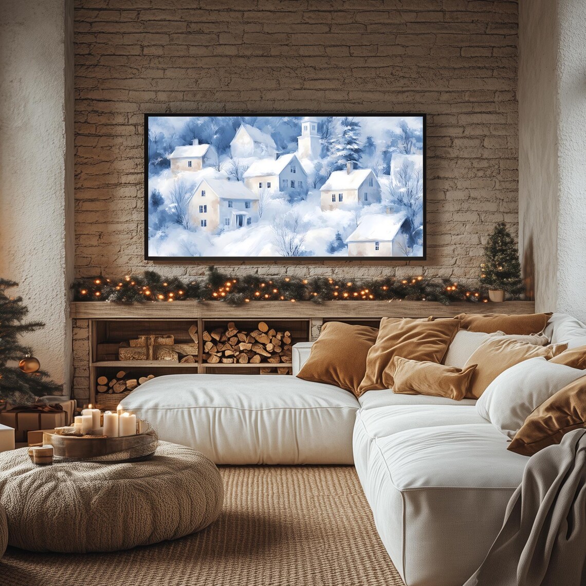 Snowy Blue Village with Church Winter Watercolor Holiday Poster - Image 2