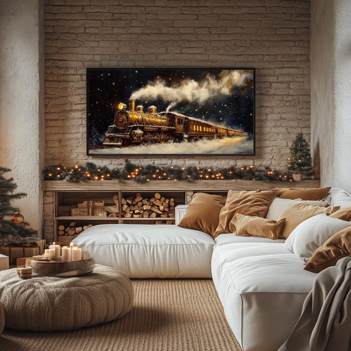 Golden Steam Train Christmas Night Snowy Winter Scene Frame TV Poster