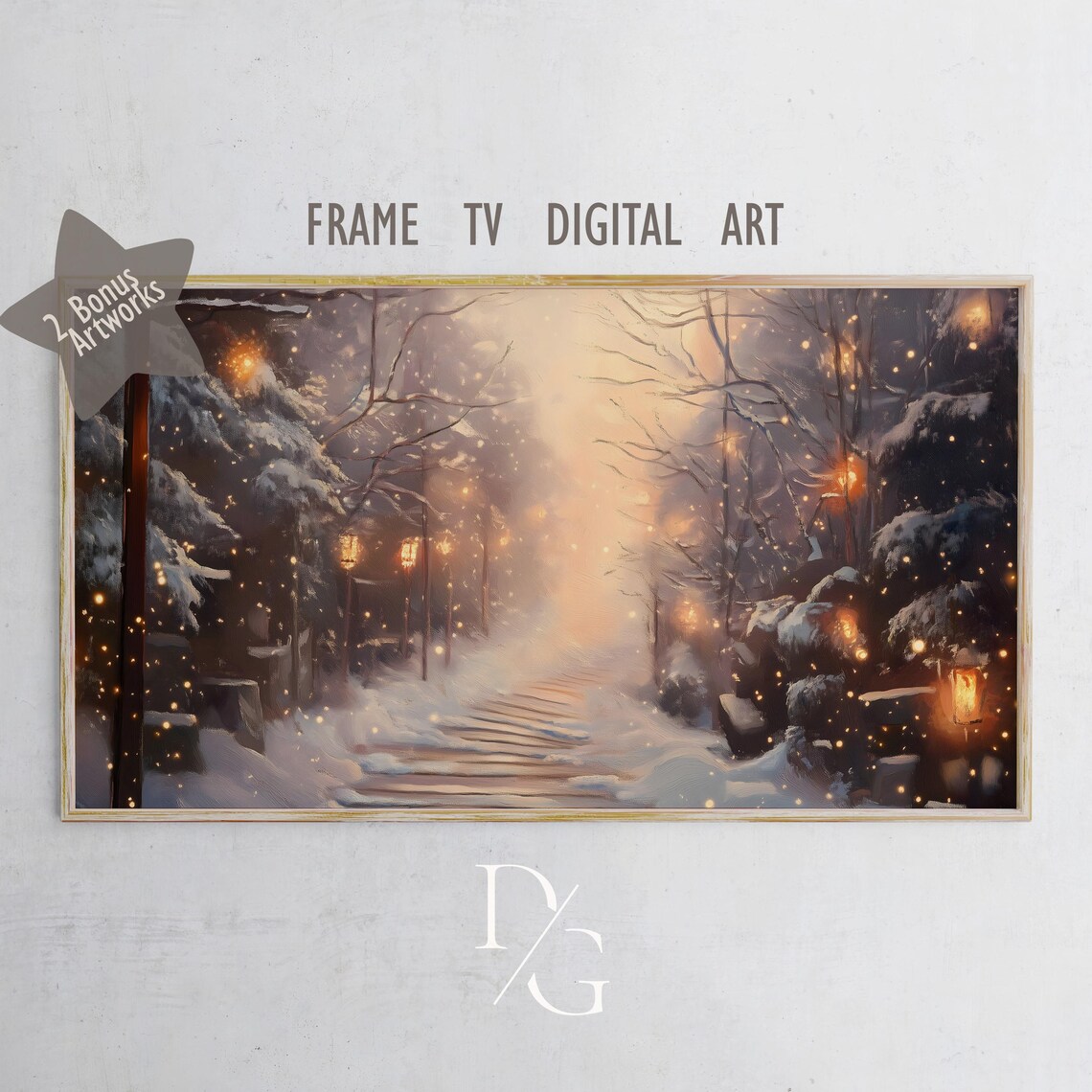 Winter Lantern Pathway Glowing Snowy Forest Night Lights Frame TV Poster - Image 5