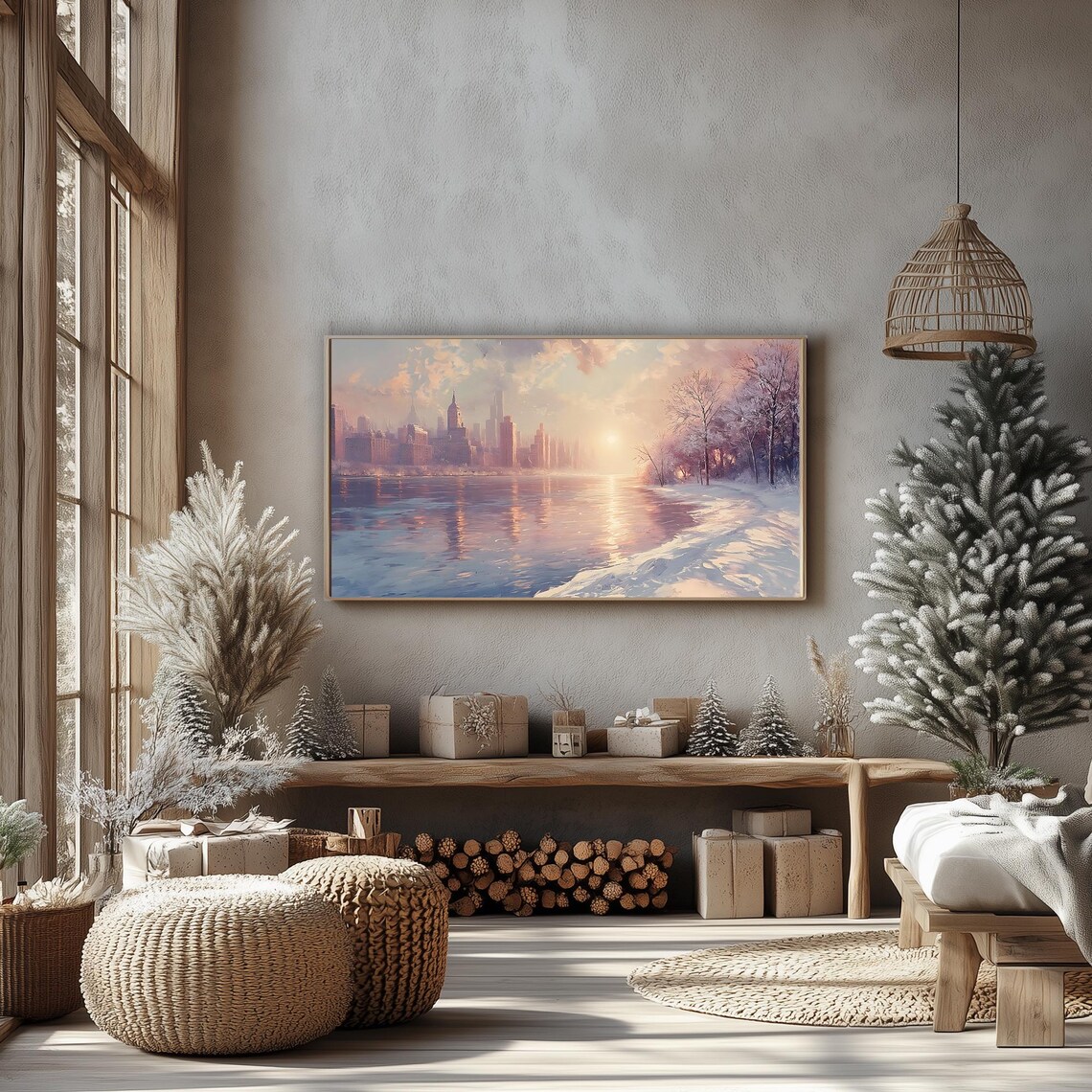Sunrise Over Snowy City River Winter Landscape Painting Frame TV Poster - Image 4