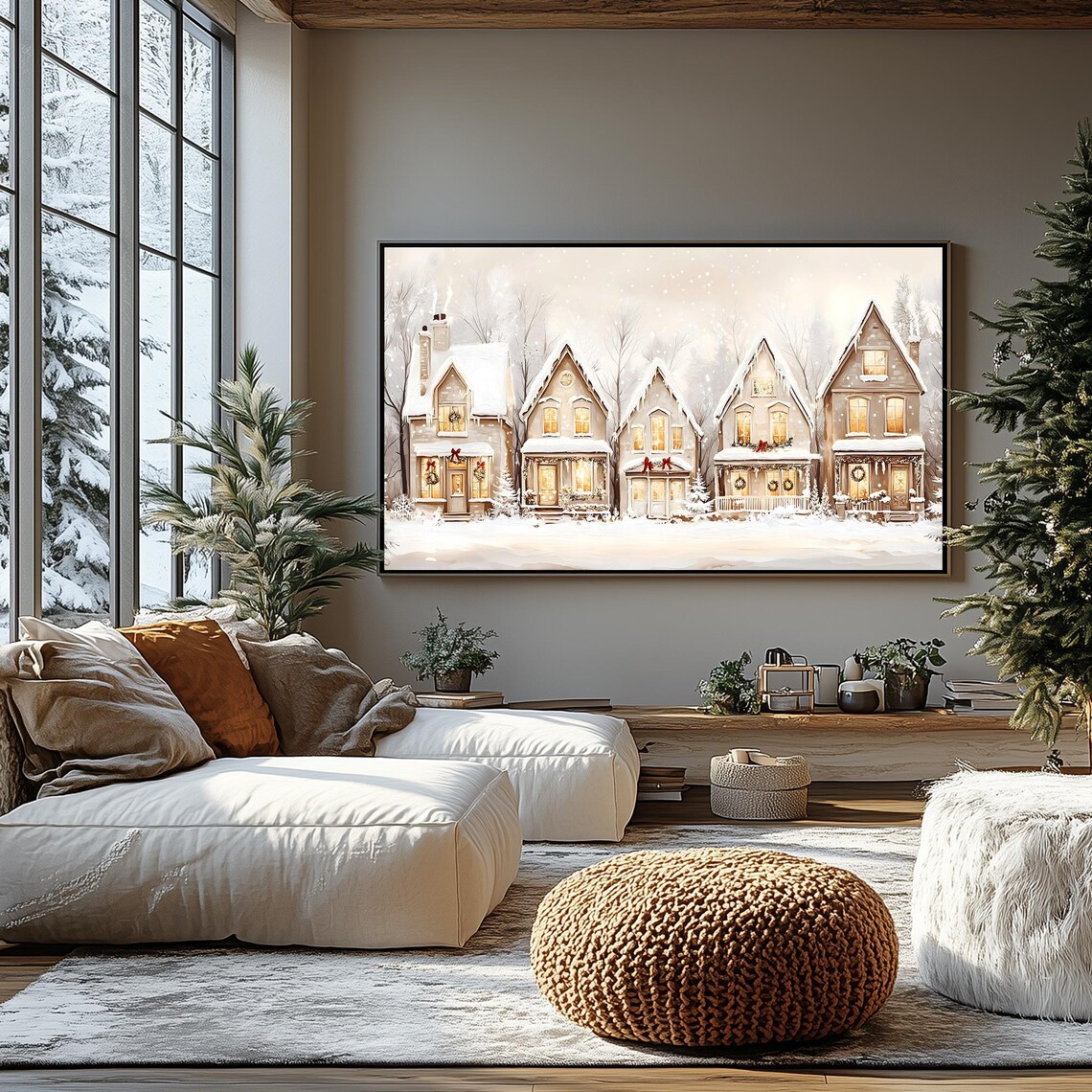 Holiday Hearth Row Snowy Christmas Cottages Glowing Windows Frame TV Poster - Image 2
