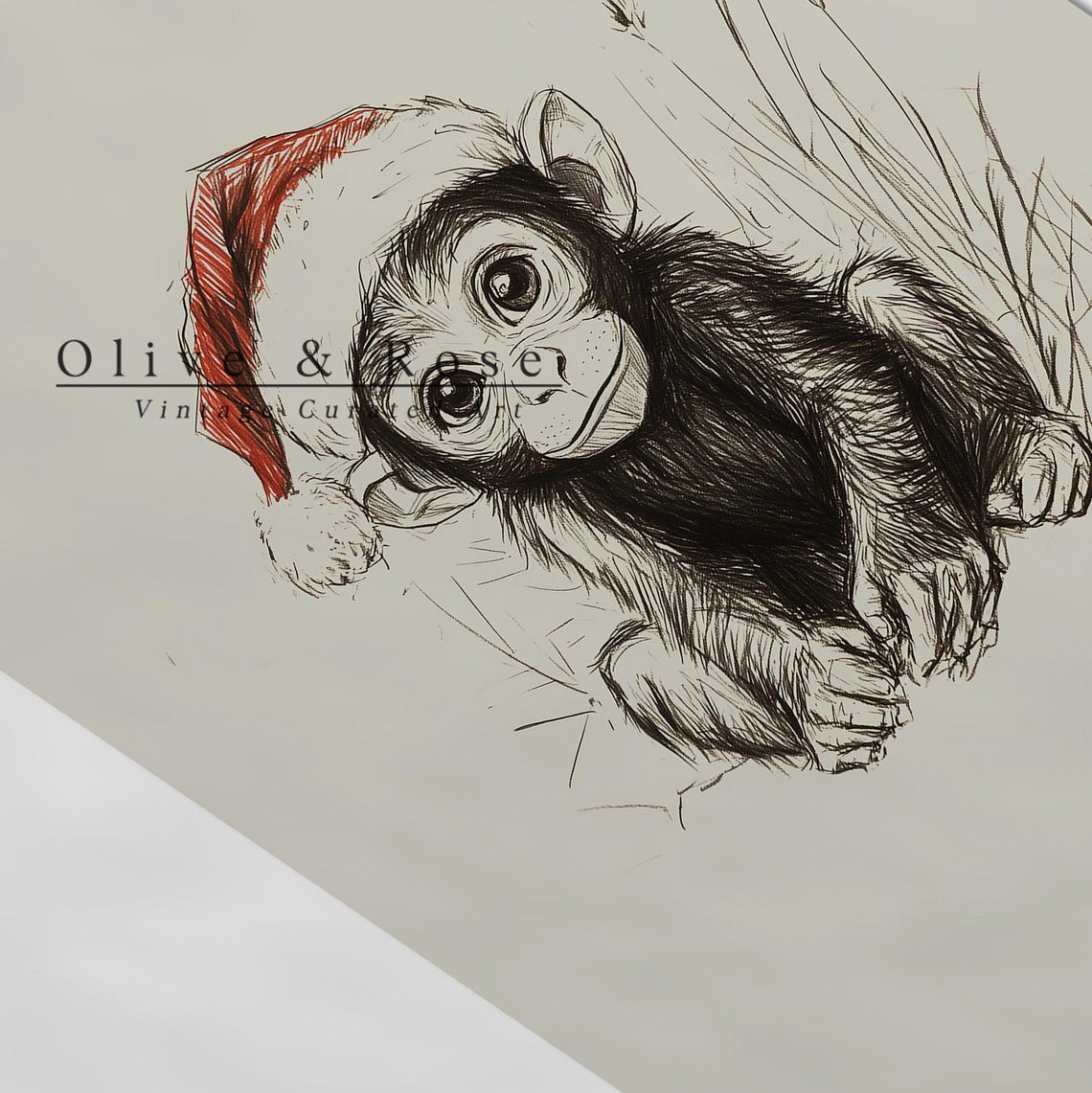 Cute Baby Monkey With Santa Hat Sketch Vintage Winter Wall Art Monkey Drawing Prints - Image 5