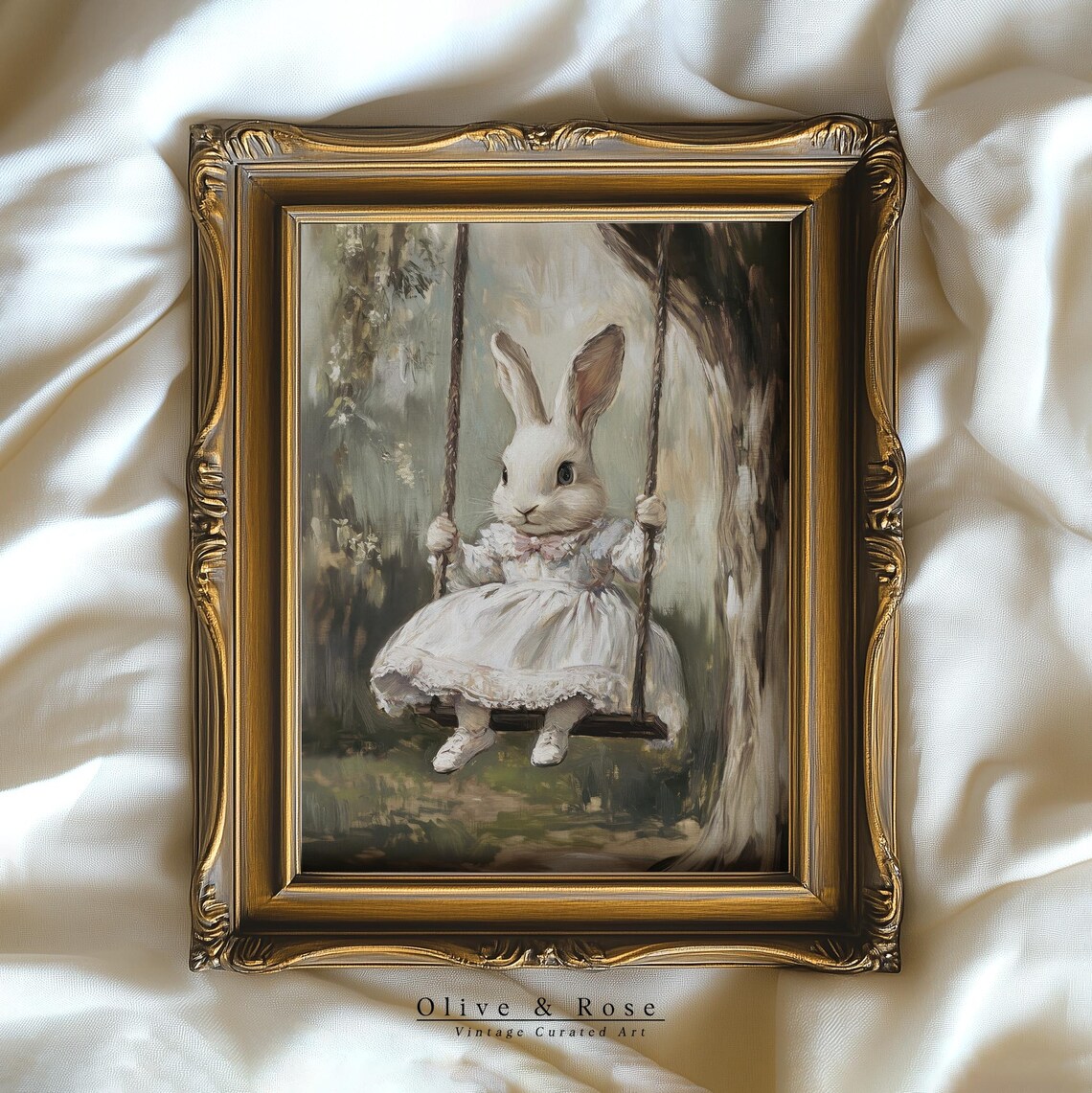 White Bunny in White Dress on Tree Swing Woodland Vintage Wall Art - Image 4