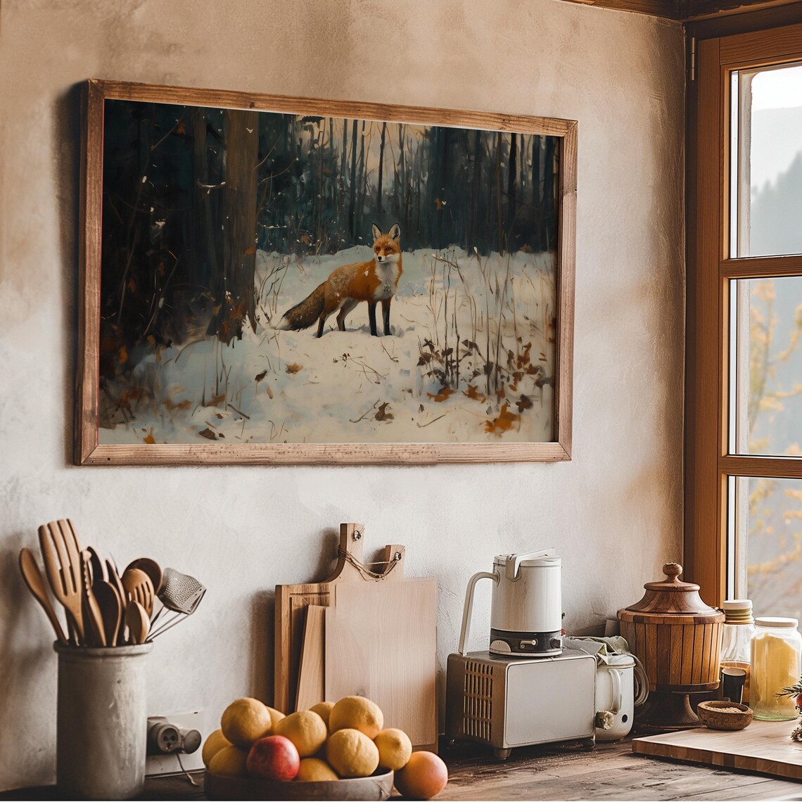 Red Fox Standing In Snowy Winter Forest Vintage Woodland Wildlife Art Poster - Image 3