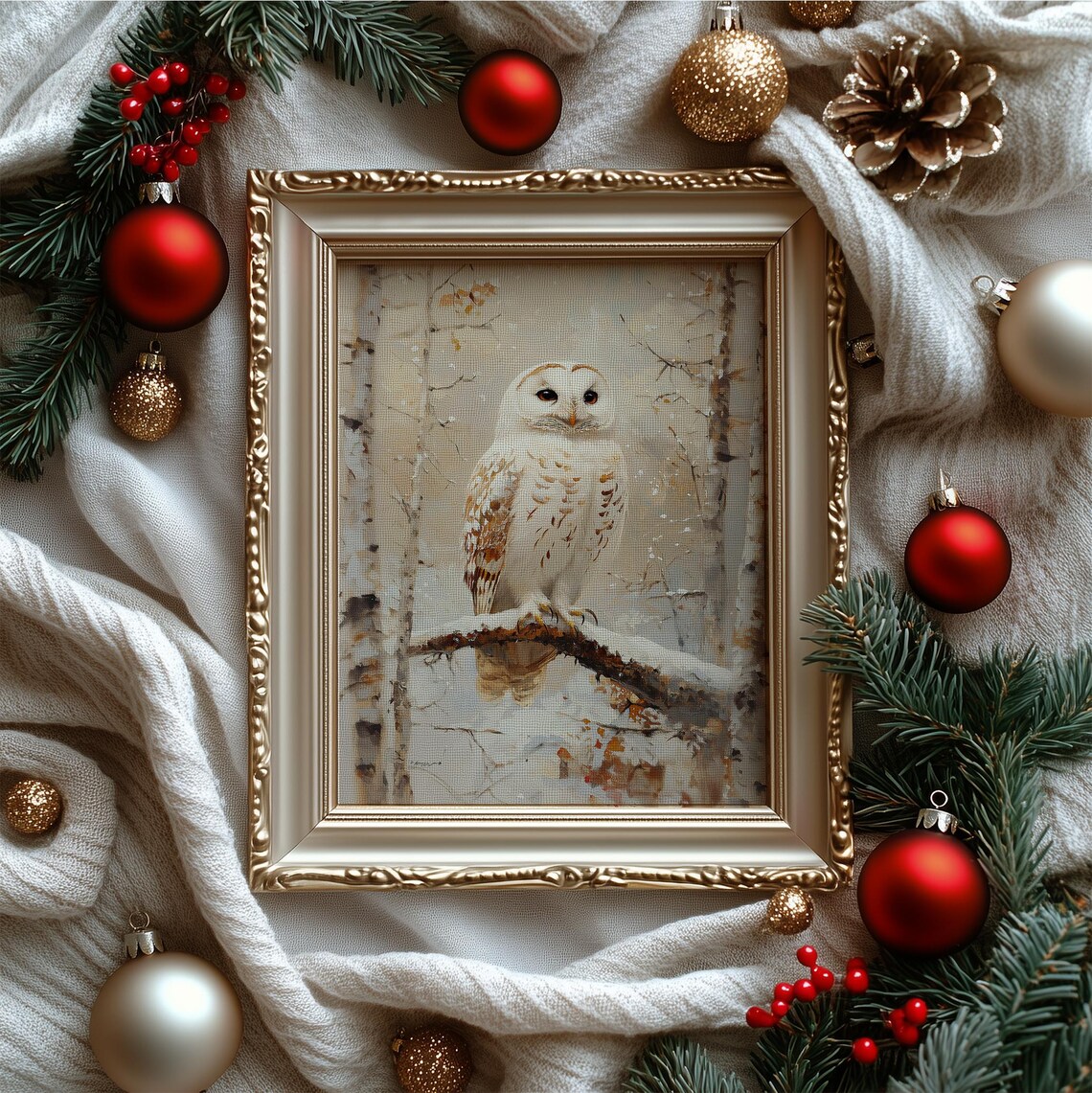 White Snowy Owl Winter Birch Forest Oil Painting Rustic Wall Art Poster - Image 3