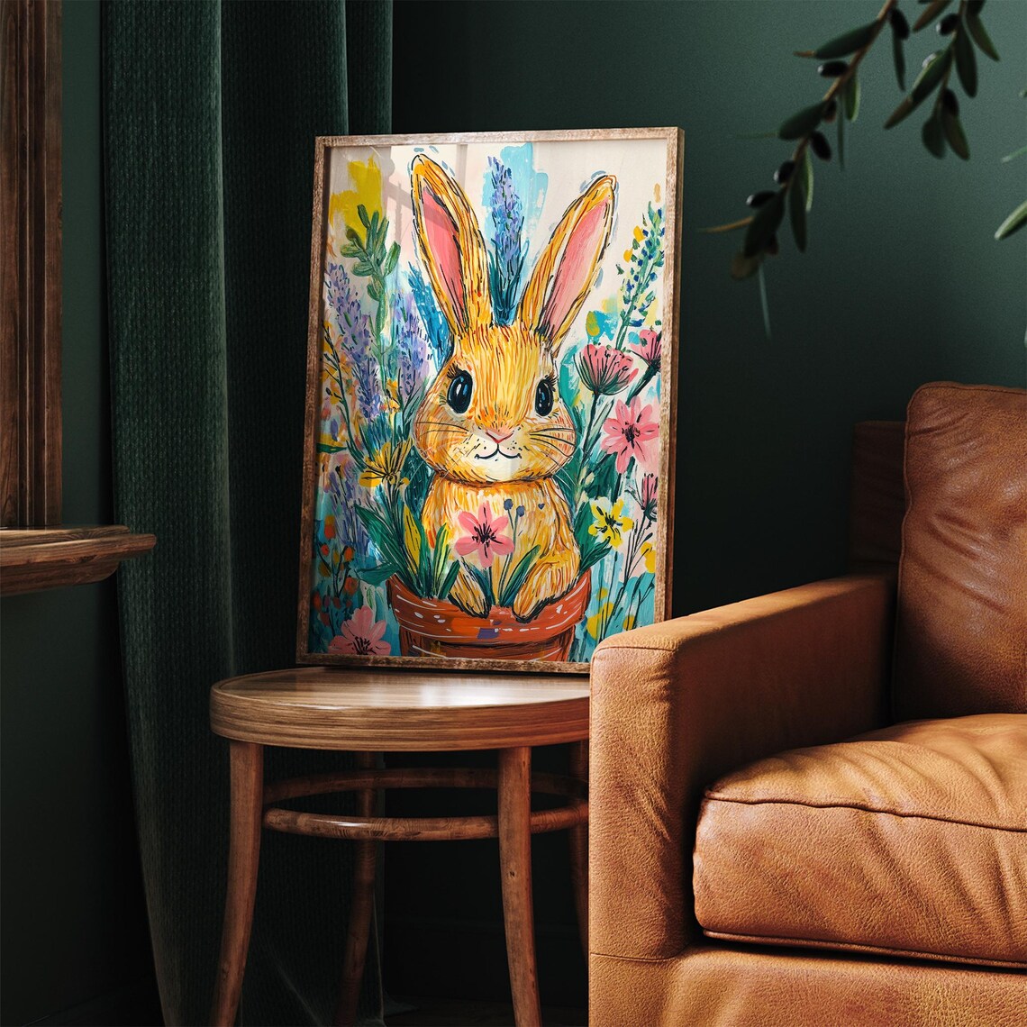 Colorful Bunny in Flower Pot Vibrant Wildflowers Kids Room Wall Art - Image 2