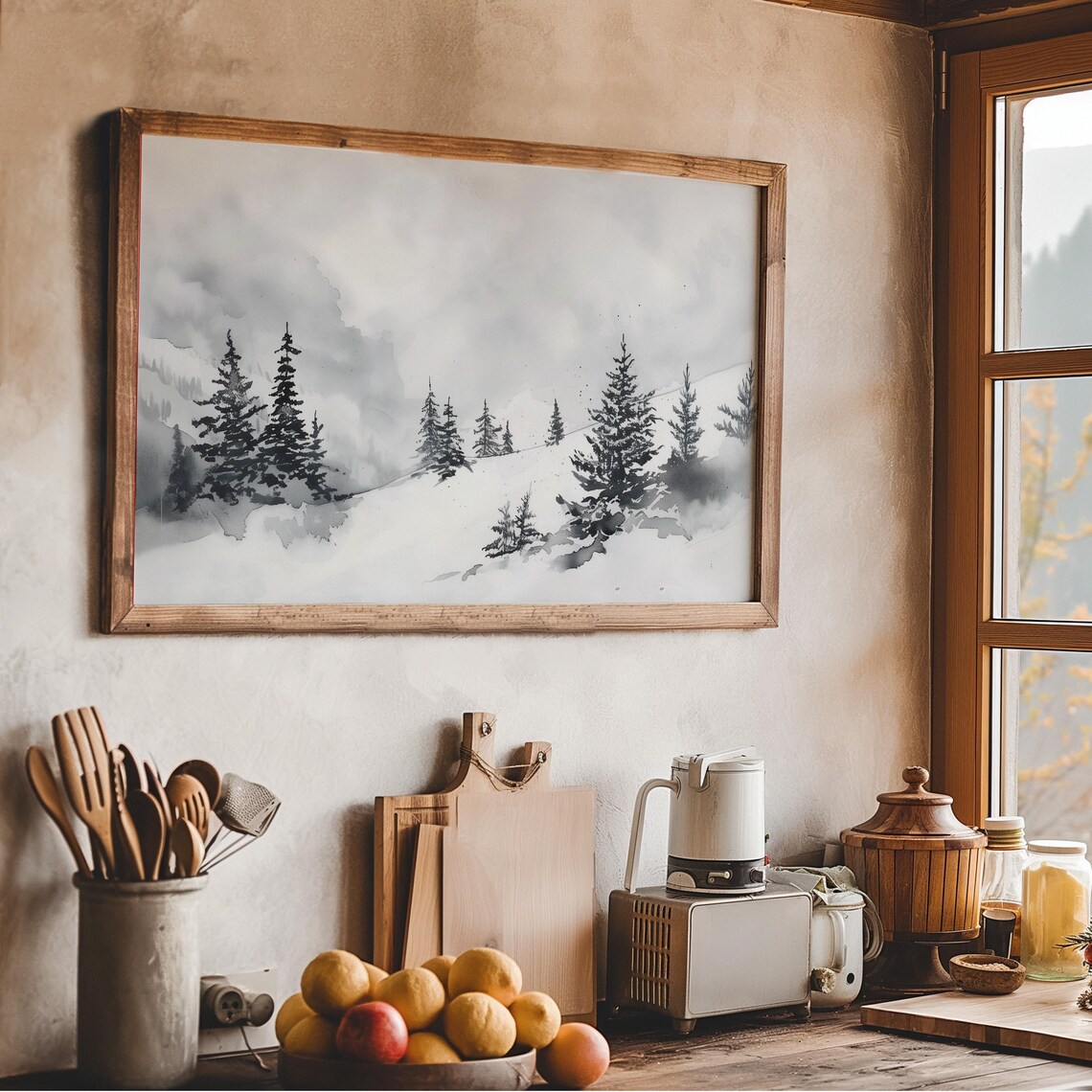 Monochrome Misty Pine Forest Snowy Hillside Watercolor TV Art Poster - Image 4