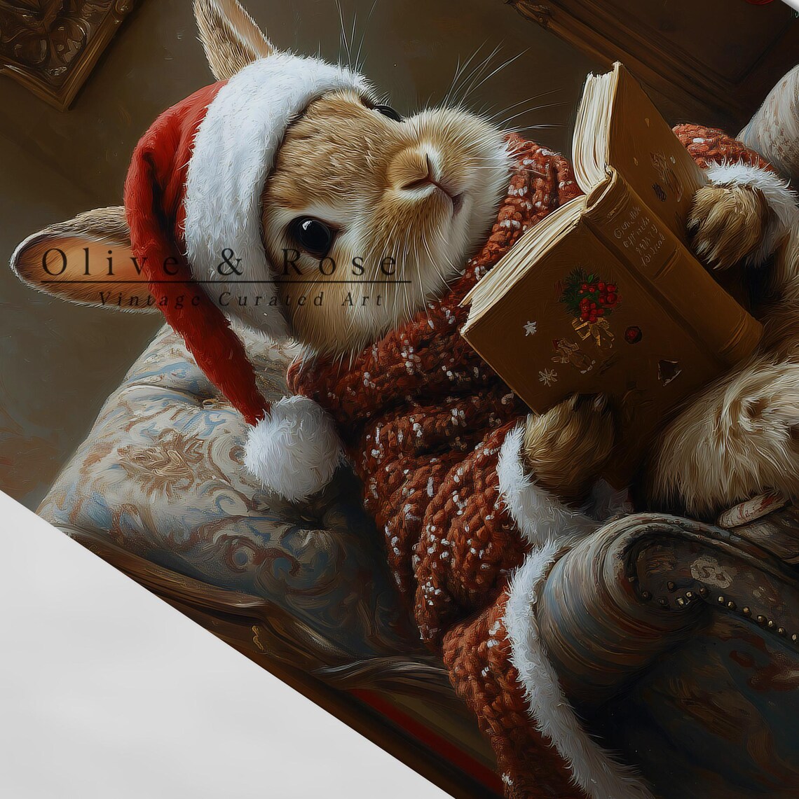 Funny Bunny Reading Book In Santa Hat Cozy Vintage Christmas Wall Art - Image 5