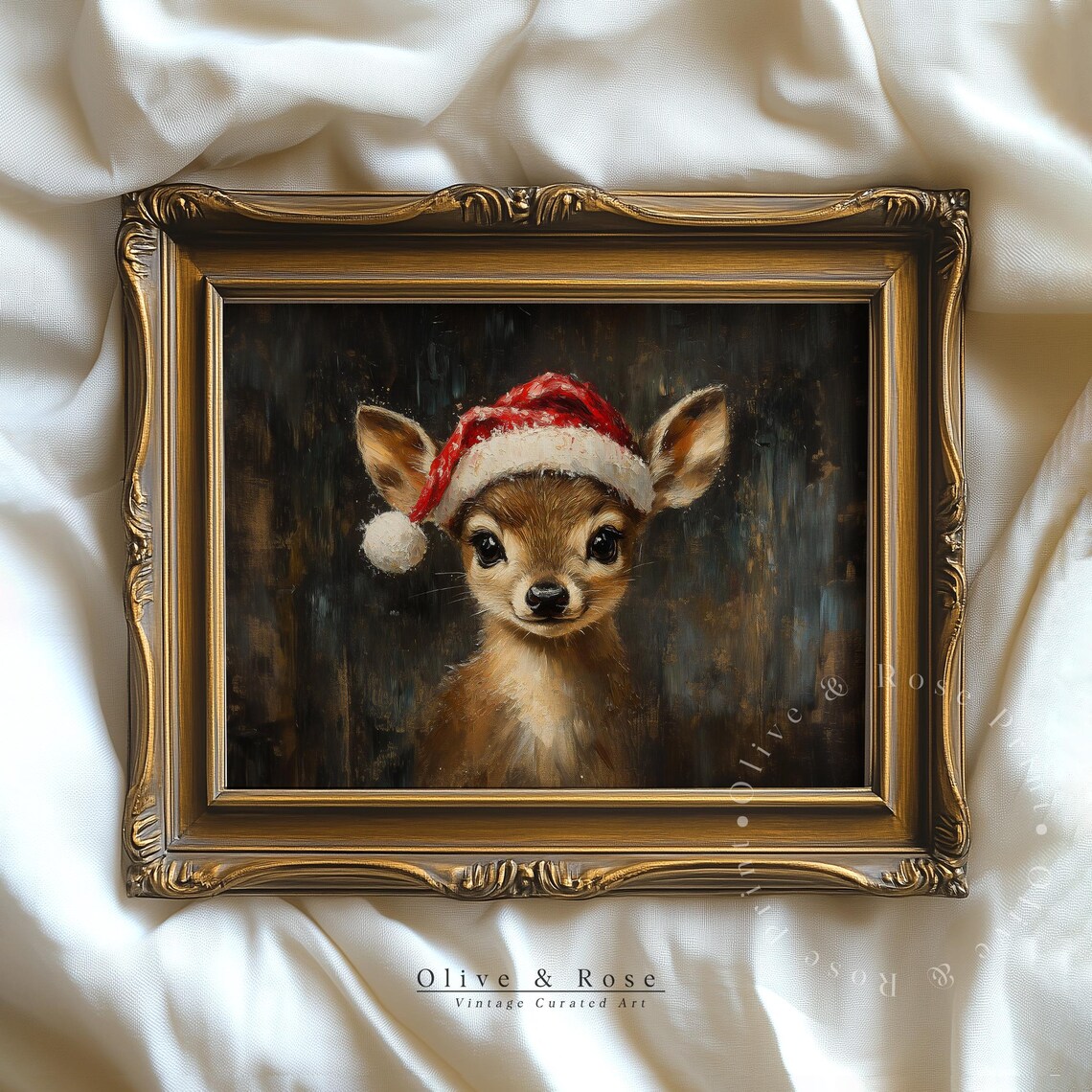 Cute Baby Deer Santa Hat Oil Painting Christmas Animal Wall Art Poster