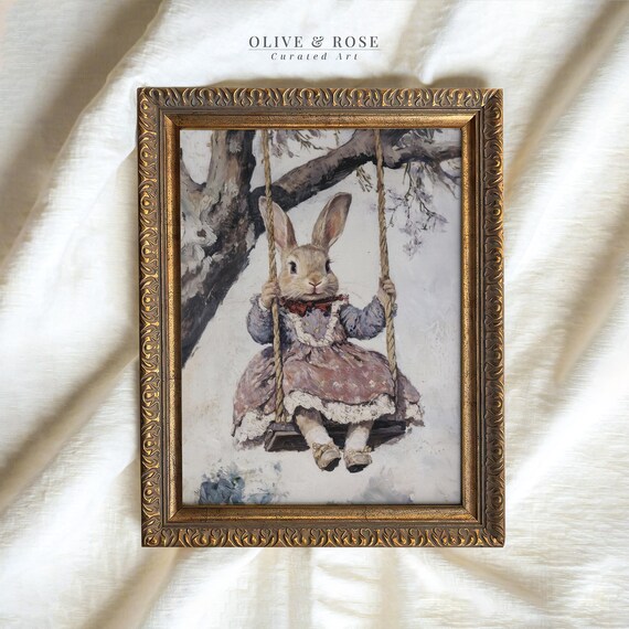 Bunny in Mauve Dress Red Scarf on Snowy Tree Swing Vintage Wall Art