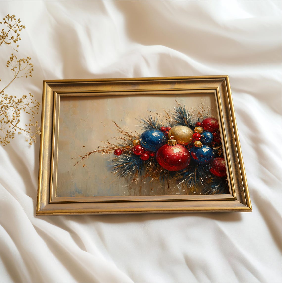 Vintage Christmas Baubles Oil Painting Pine Sprigs Holiday Art Poster - Image 3