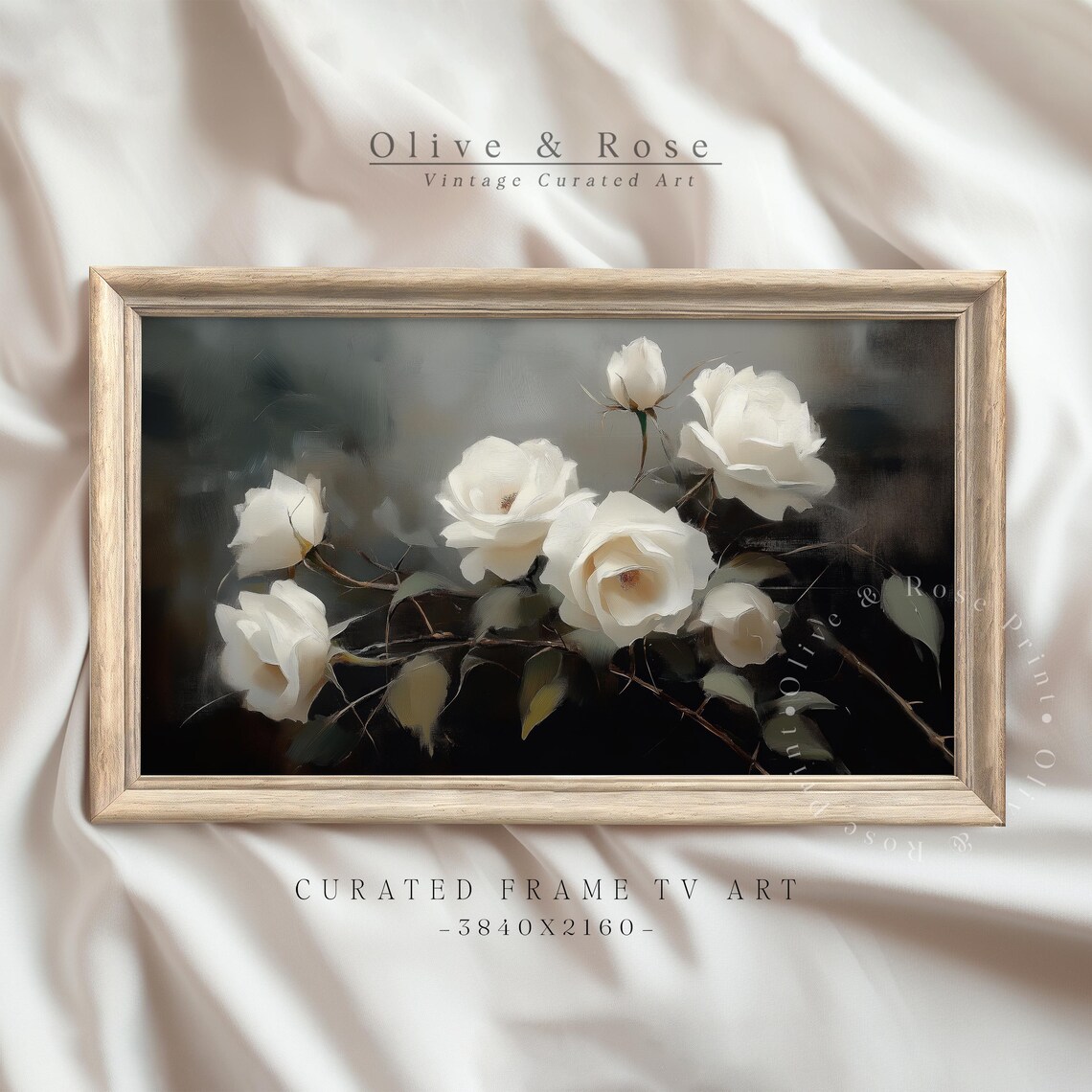 White Roses Dark Moody Background Vintage Botanical Oil Painting Print